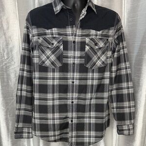HELIX Athletic Fit Plaid Button Up Shirt Elbow Patch Men’s Med B/W Long Sleeve
